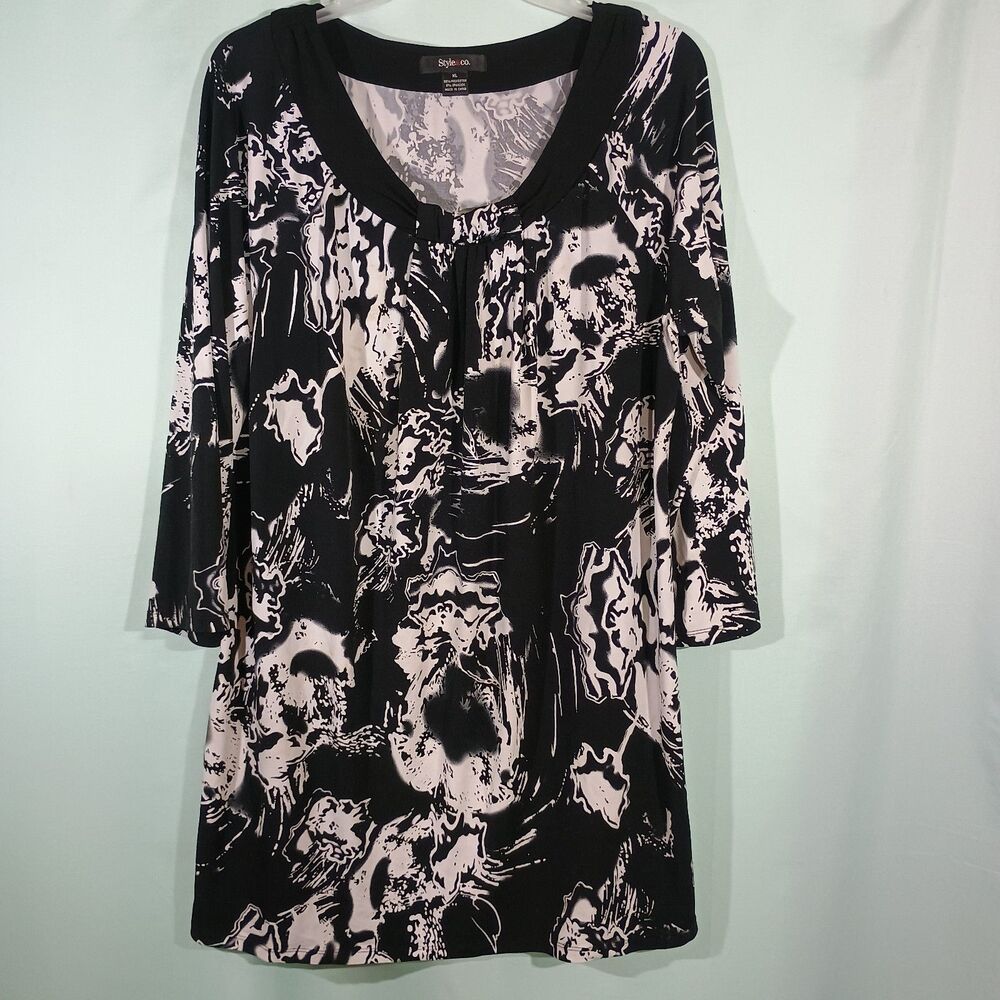 Women's Abstract Print Tunic Top Black White 3/4 Sleeve Scoop Neck Blouse